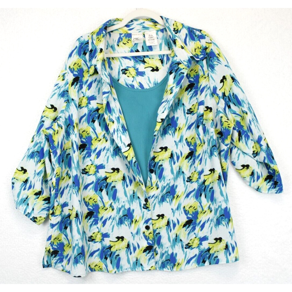Just My Size Tunic Button‎ Front Under Tank Women 3X Green White Roll Sleeves